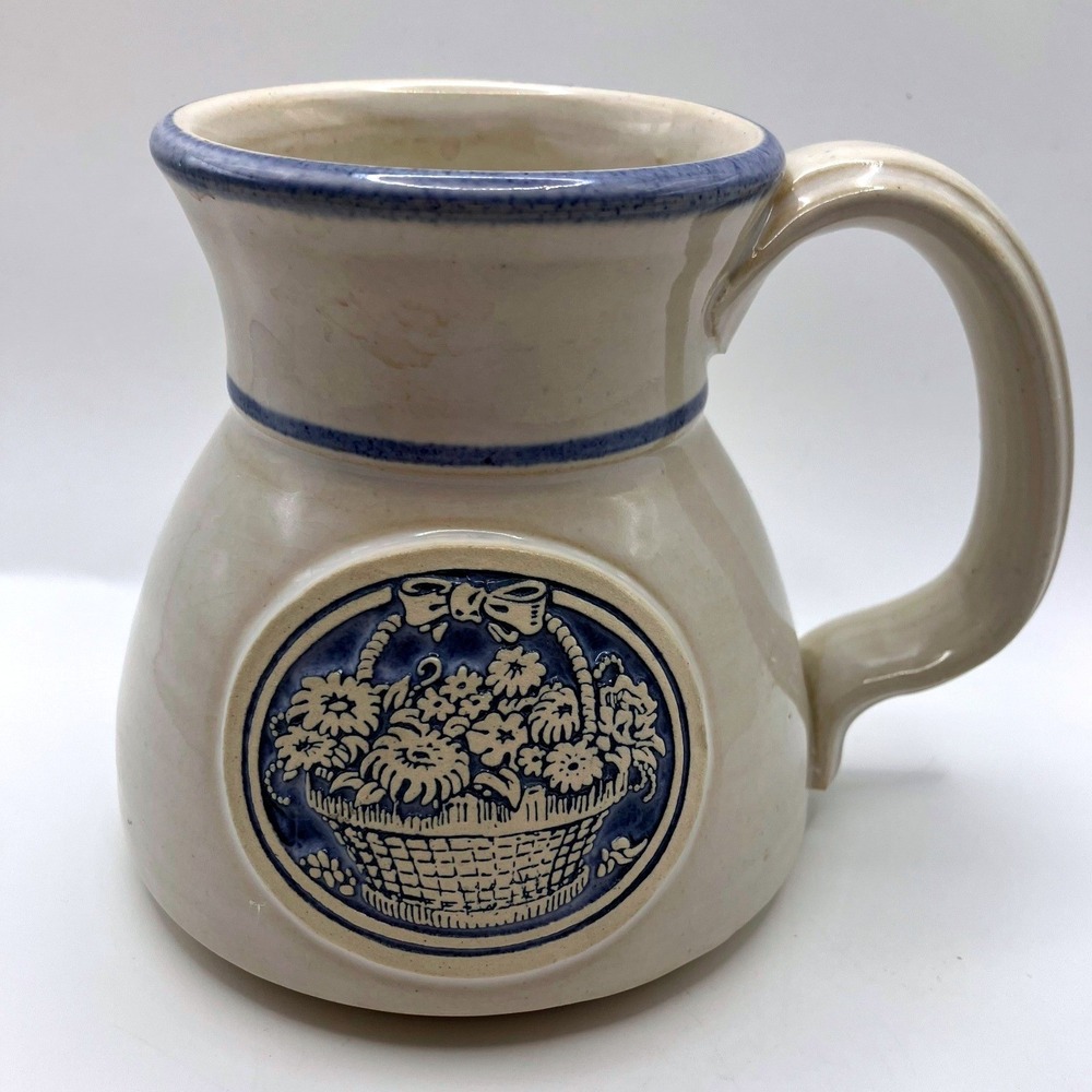 Stoneware Mug Medium Cream Blue‎ Flower Basket Salt Glaze Folk Art